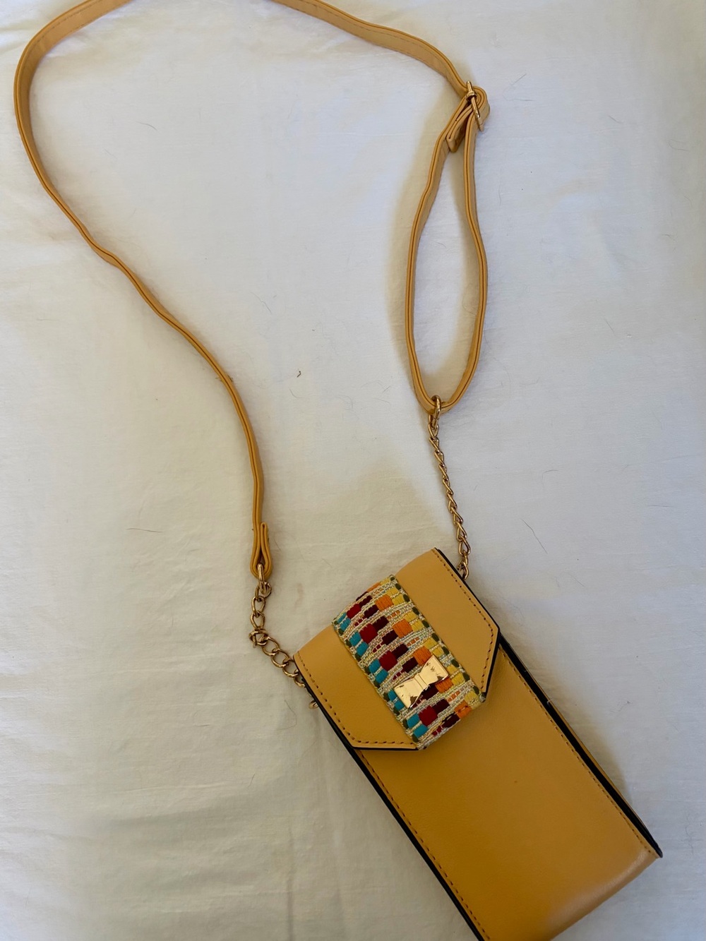 Olivia and Kate Yellow Crossbody Phone Bag with Multicolor stitched Flap